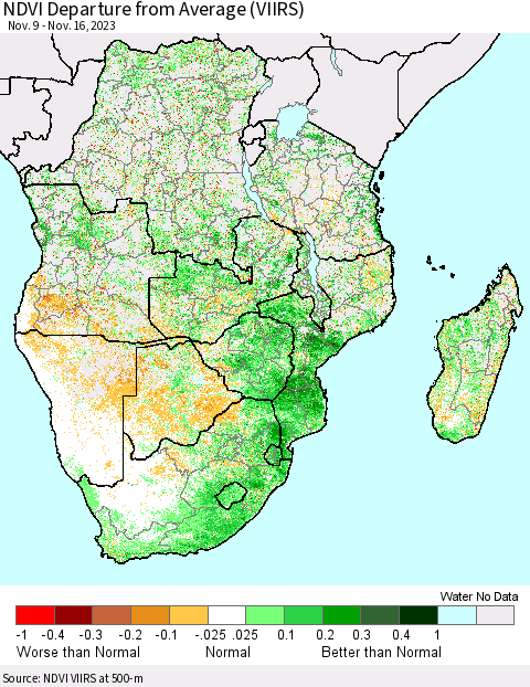 Southern Africa NDVI Departure from Average (VIIRS) Thematic Map For 11/9/2023 - 11/16/2023