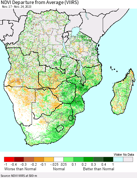 Southern Africa NDVI Departure from Average (VIIRS) Thematic Map For 11/17/2023 - 11/24/2023