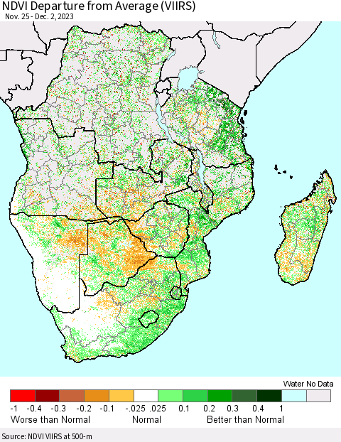 Southern Africa NDVI Departure from Average (VIIRS) Thematic Map For 11/25/2023 - 12/2/2023