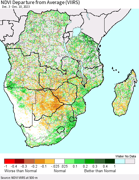 Southern Africa NDVI Departure from Average (VIIRS) Thematic Map For 12/3/2023 - 12/10/2023
