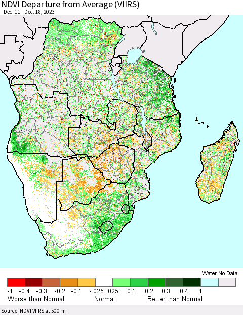 Southern Africa NDVI Departure from Average (VIIRS) Thematic Map For 12/11/2023 - 12/18/2023