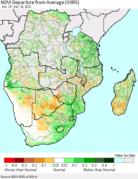 Southern Africa NDVI Departure from Average (VIIRS) Thematic Map For 12/19/2023 - 12/26/2023