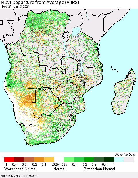 Southern Africa NDVI Departure from Average (VIIRS) Thematic Map For 12/27/2023 - 1/3/2024