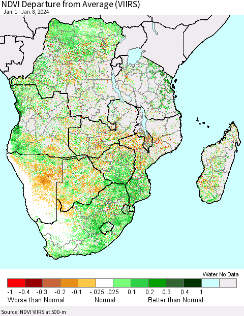 Southern Africa NDVI Departure from Average (VIIRS) Thematic Map For 1/1/2024 - 1/8/2024