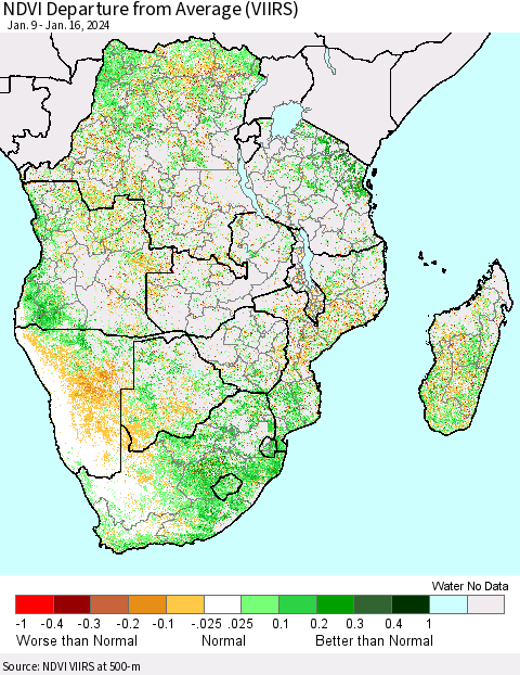 Southern Africa NDVI Departure from Average (VIIRS) Thematic Map For 1/9/2024 - 1/16/2024