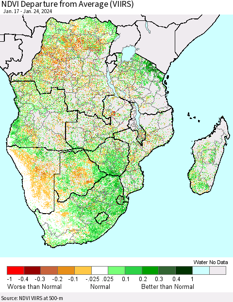Southern Africa NDVI Departure from Average (VIIRS) Thematic Map For 1/17/2024 - 1/24/2024