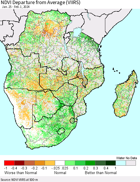 Southern Africa NDVI Departure from Average (VIIRS) Thematic Map For 1/25/2024 - 2/1/2024