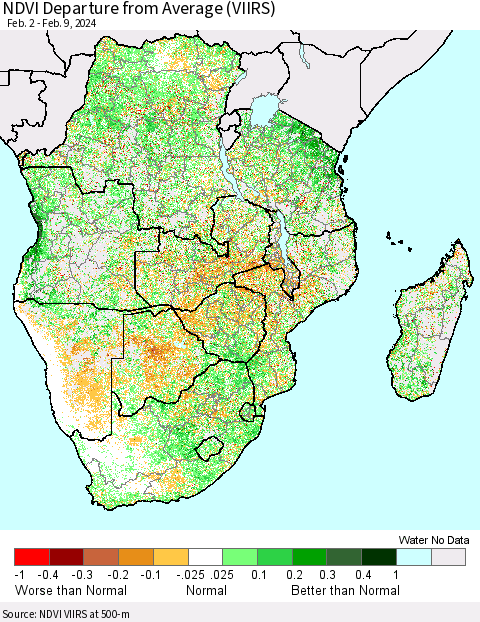 Southern Africa NDVI Departure from Average (VIIRS) Thematic Map For 2/2/2024 - 2/9/2024