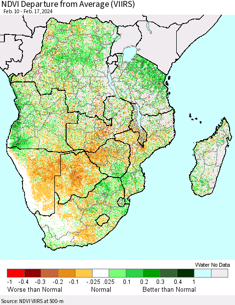 Southern Africa NDVI Departure from Average (VIIRS) Thematic Map For 2/10/2024 - 2/17/2024