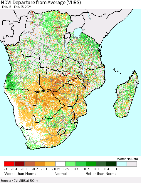 Southern Africa NDVI Departure from Average (VIIRS) Thematic Map For 2/18/2024 - 2/25/2024