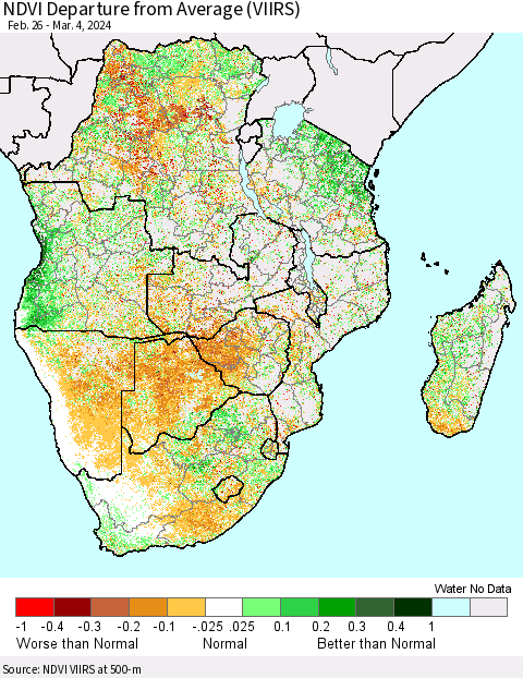 Southern Africa NDVI Departure from Average (VIIRS) Thematic Map For 2/26/2024 - 3/4/2024