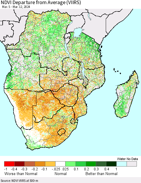 Southern Africa NDVI Departure from Average (VIIRS) Thematic Map For 3/5/2024 - 3/12/2024