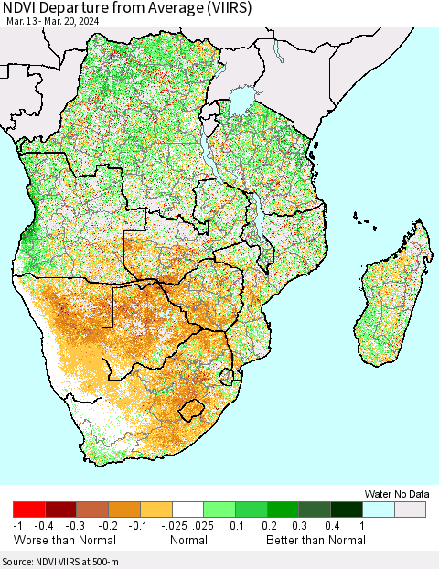 Southern Africa NDVI Departure from Average (VIIRS) Thematic Map For 3/13/2024 - 3/20/2024