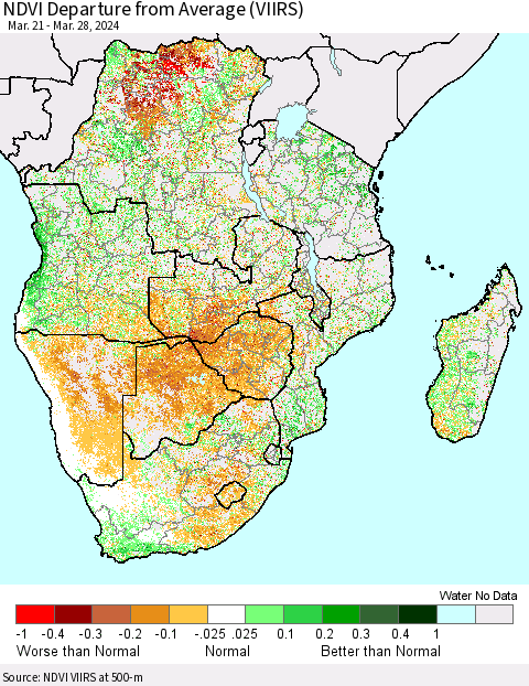 Southern Africa NDVI Departure from Average (VIIRS) Thematic Map For 3/21/2024 - 3/28/2024