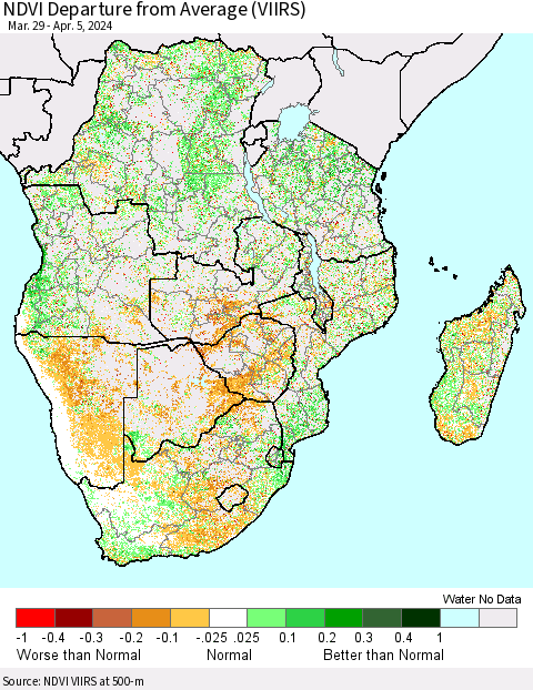 Southern Africa NDVI Departure from Average (VIIRS) Thematic Map For 3/29/2024 - 4/5/2024