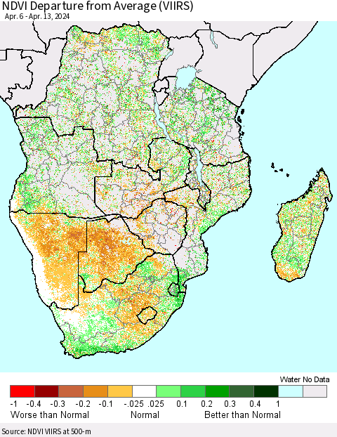 Southern Africa NDVI Departure from Average (VIIRS) Thematic Map For 4/6/2024 - 4/13/2024