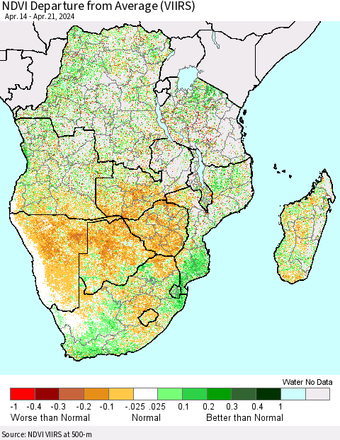 Southern Africa NDVI Departure from Average (VIIRS) Thematic Map For 4/14/2024 - 4/21/2024