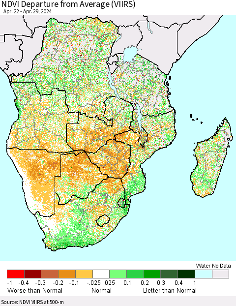 Southern Africa NDVI Departure from Average (VIIRS) Thematic Map For 4/22/2024 - 4/29/2024
