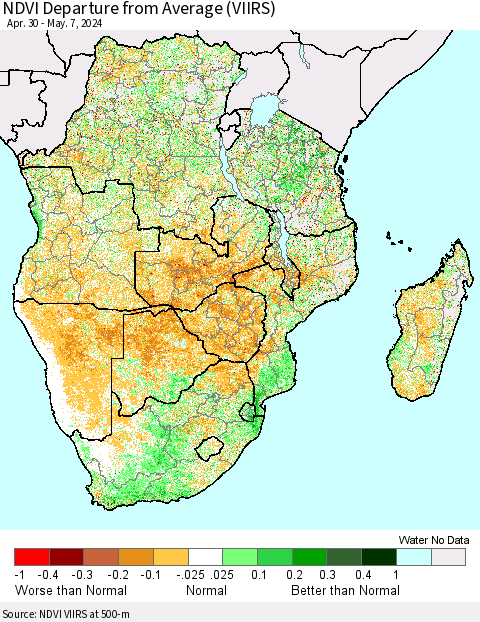 Southern Africa NDVI Departure from Average (VIIRS) Thematic Map For 4/30/2024 - 5/7/2024
