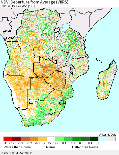 Southern Africa NDVI Departure from Average (VIIRS) Thematic Map For 5/16/2024 - 5/23/2024