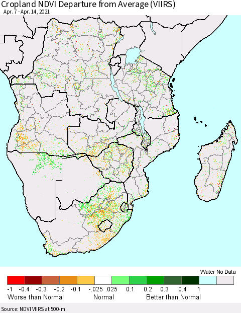 Southern Africa Cropland NDVI Departure from Average (VIIRS) Thematic Map For 4/7/2021 - 4/14/2021