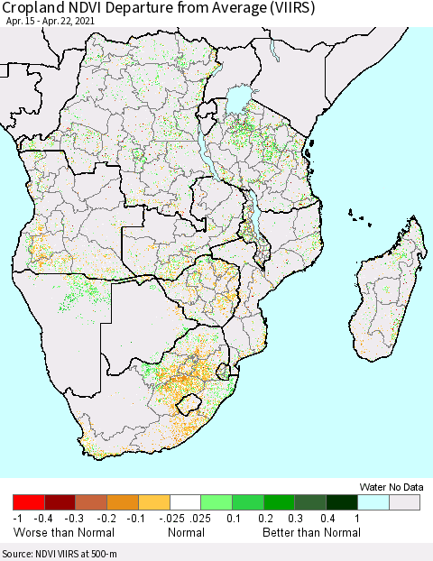 Southern Africa Cropland NDVI Departure from Average (VIIRS) Thematic Map For 4/15/2021 - 4/22/2021