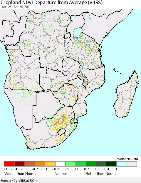 Southern Africa Cropland NDVI Departure from Average (VIIRS) Thematic Map For 4/23/2021 - 4/30/2021