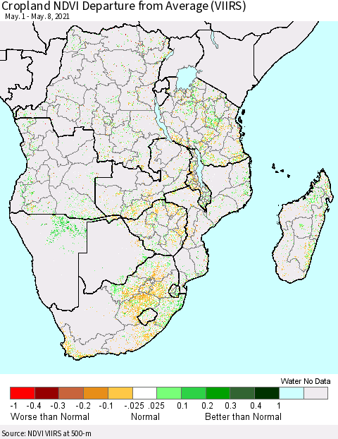 Southern Africa Cropland NDVI Departure from Average (VIIRS) Thematic Map For 5/1/2021 - 5/8/2021