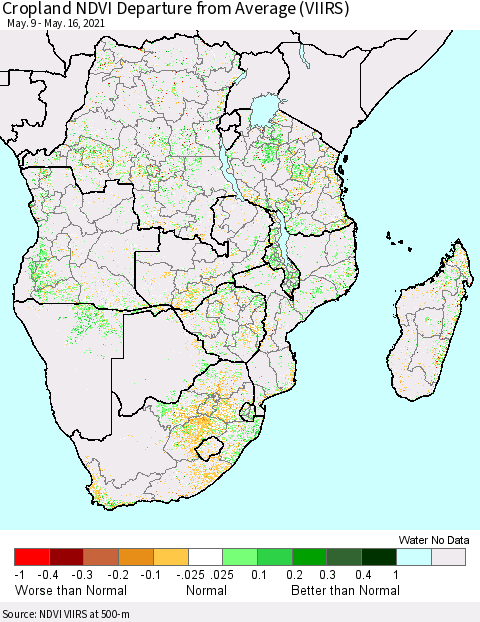 Southern Africa Cropland NDVI Departure from Average (VIIRS) Thematic Map For 5/9/2021 - 5/16/2021