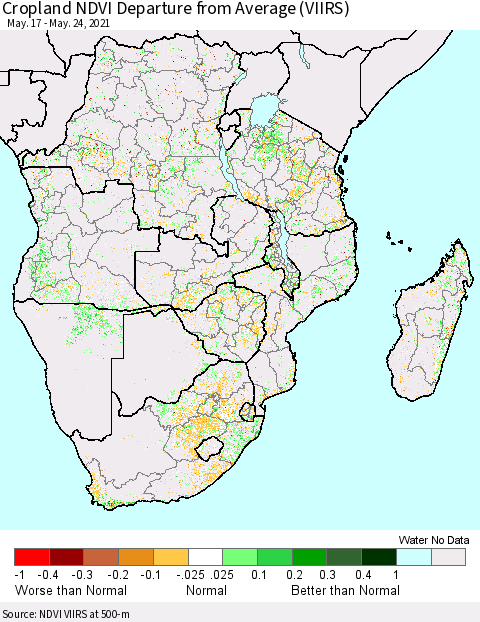 Southern Africa Cropland NDVI Departure from Average (VIIRS) Thematic Map For 5/17/2021 - 5/24/2021