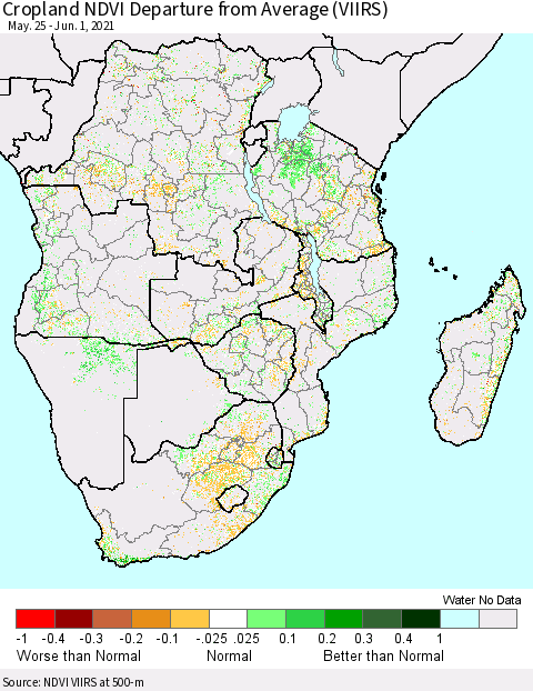 Southern Africa Cropland NDVI Departure from Average (VIIRS) Thematic Map For 5/25/2021 - 6/1/2021