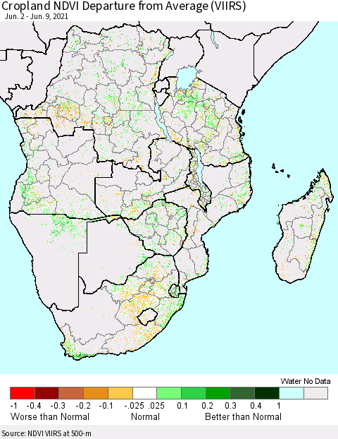 Southern Africa Cropland NDVI Departure from Average (VIIRS) Thematic Map For 6/2/2021 - 6/9/2021