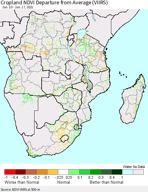 Southern Africa Cropland NDVI Departure from Average (VIIRS) Thematic Map For 6/10/2021 - 6/17/2021