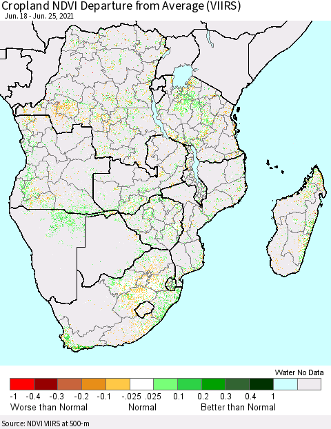 Southern Africa Cropland NDVI Departure from Average (VIIRS) Thematic Map For 6/18/2021 - 6/25/2021