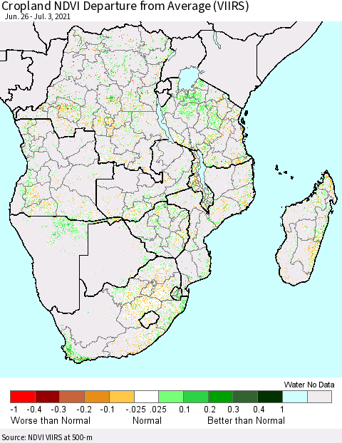 Southern Africa Cropland NDVI Departure from Average (VIIRS) Thematic Map For 6/26/2021 - 7/3/2021