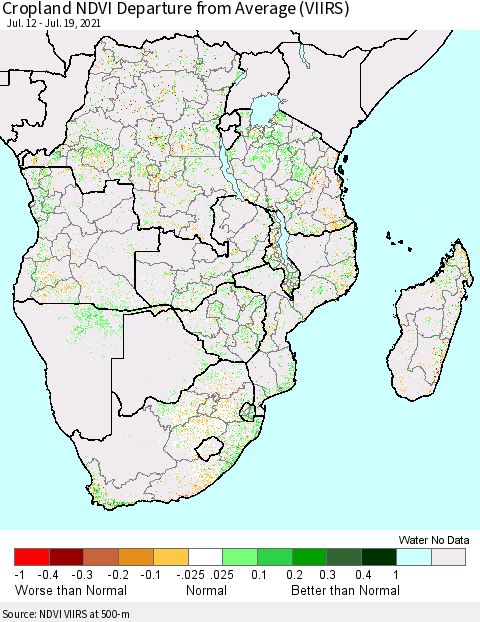 Southern Africa Cropland NDVI Departure from Average (VIIRS) Thematic Map For 7/12/2021 - 7/19/2021