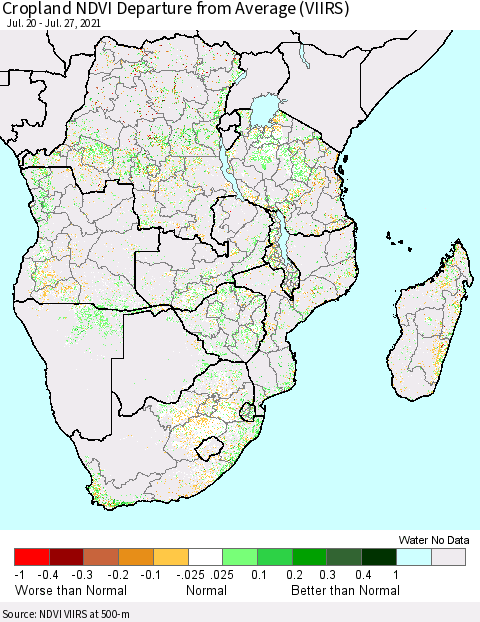 Southern Africa Cropland NDVI Departure from Average (VIIRS) Thematic Map For 7/20/2021 - 7/27/2021