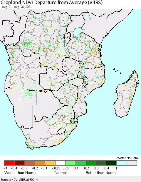 Southern Africa Cropland NDVI Departure from Average (VIIRS) Thematic Map For 8/21/2021 - 8/28/2021