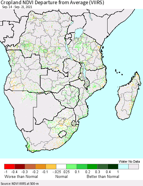 Southern Africa Cropland NDVI Departure from Average (VIIRS) Thematic Map For 9/14/2021 - 9/21/2021