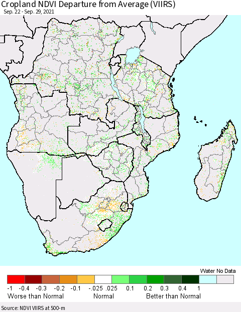Southern Africa Cropland NDVI Departure from Average (VIIRS) Thematic Map For 9/22/2021 - 9/29/2021