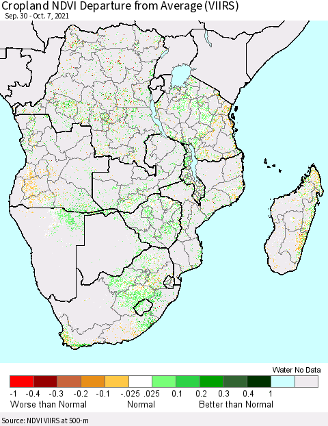 Southern Africa Cropland NDVI Departure from Average (VIIRS) Thematic Map For 9/30/2021 - 10/7/2021
