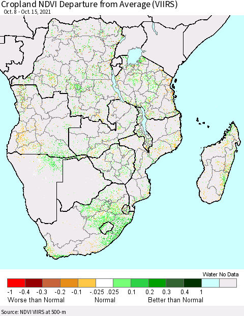 Southern Africa Cropland NDVI Departure from Average (VIIRS) Thematic Map For 10/8/2021 - 10/15/2021