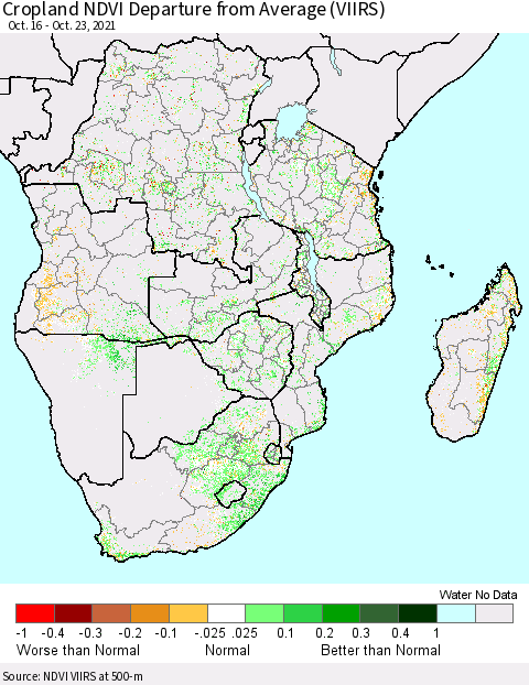 Southern Africa Cropland NDVI Departure from Average (VIIRS) Thematic Map For 10/16/2021 - 10/23/2021