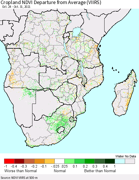 Southern Africa Cropland NDVI Departure from Average (VIIRS) Thematic Map For 10/24/2021 - 10/31/2021