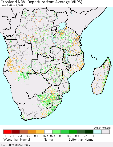 Southern Africa Cropland NDVI Departure from Average (VIIRS) Thematic Map For 11/1/2021 - 11/8/2021