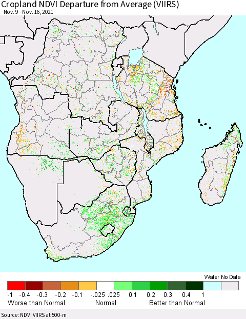 Southern Africa Cropland NDVI Departure from Average (VIIRS) Thematic Map For 11/9/2021 - 11/16/2021