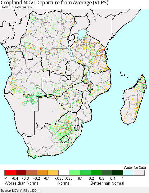 Southern Africa Cropland NDVI Departure from Average (VIIRS) Thematic Map For 11/17/2021 - 11/24/2021