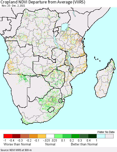 Southern Africa Cropland NDVI Departure from Average (VIIRS) Thematic Map For 11/25/2021 - 12/2/2021