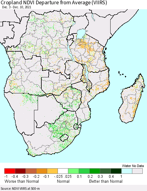 Southern Africa Cropland NDVI Departure from Average (VIIRS) Thematic Map For 12/3/2021 - 12/10/2021