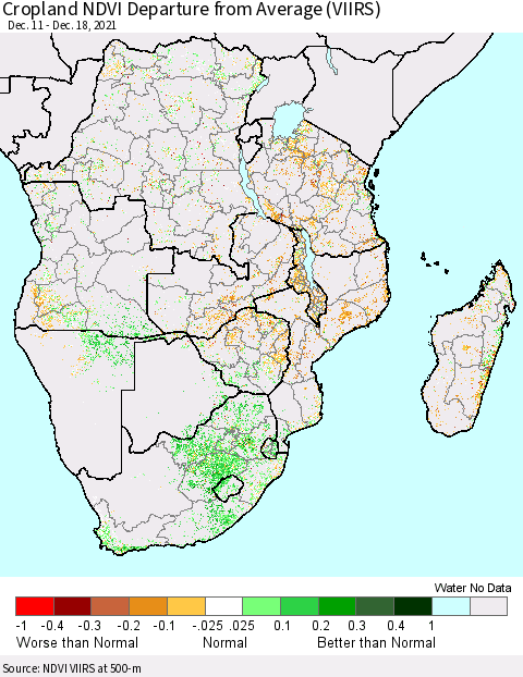 Southern Africa Cropland NDVI Departure from Average (VIIRS) Thematic Map For 12/11/2021 - 12/18/2021